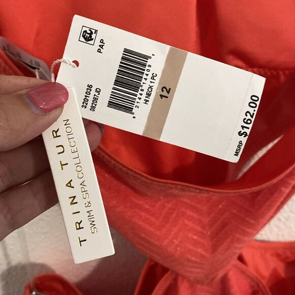 NWT-Trina Turk-Peach & gold- High Neck One Piece Swimsuit- side cut outs-Size 12 - Picture 12 of 16